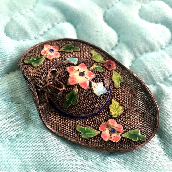 🌸VINTAGE 40s Silver Mesh Enamel Flower Hat Pin🌸 - Picture 6 of 8